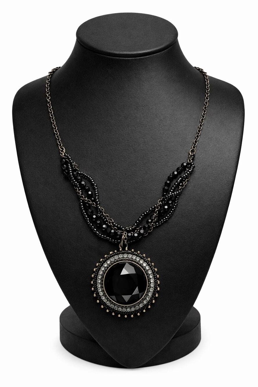 Vintage Art Deco Style Black Beaded Necklace Rhinestone Circle Pendant